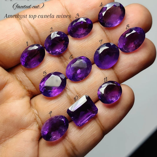 Cabochons4sale collection of faceted natural purple amethyst gemstones from Canela Mines held in a palm.