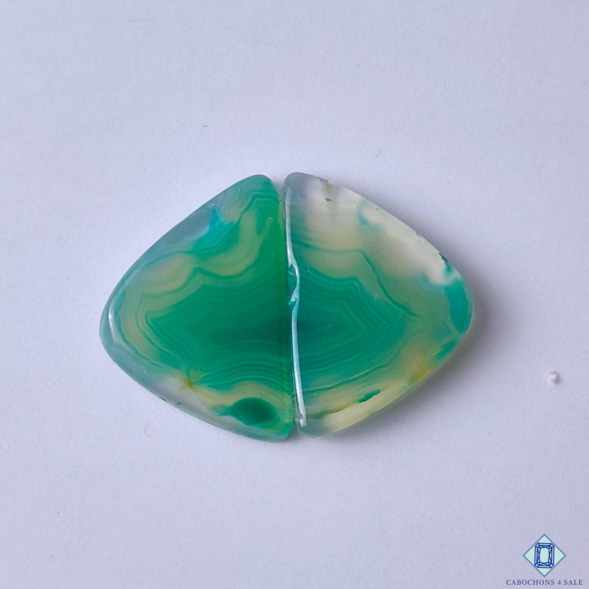 cabochons4sale, natural green banded agate fancy cabochons with flowing layers, translucent tones and polished gemstone surfaces held between fingers