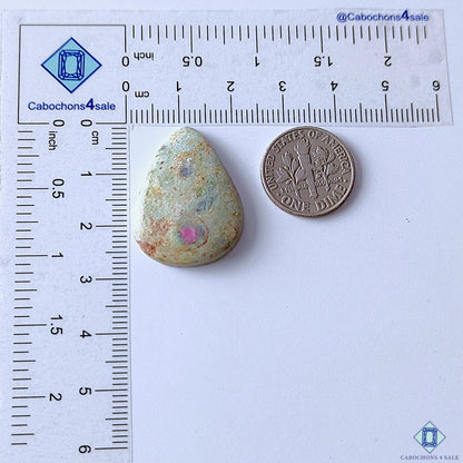 cabochons4sale, polished ruby fuchsite pear cabochons showcasing rich green fuchsite with contrasting pink ruby formations and distinctive gemstone patterns held between fingers