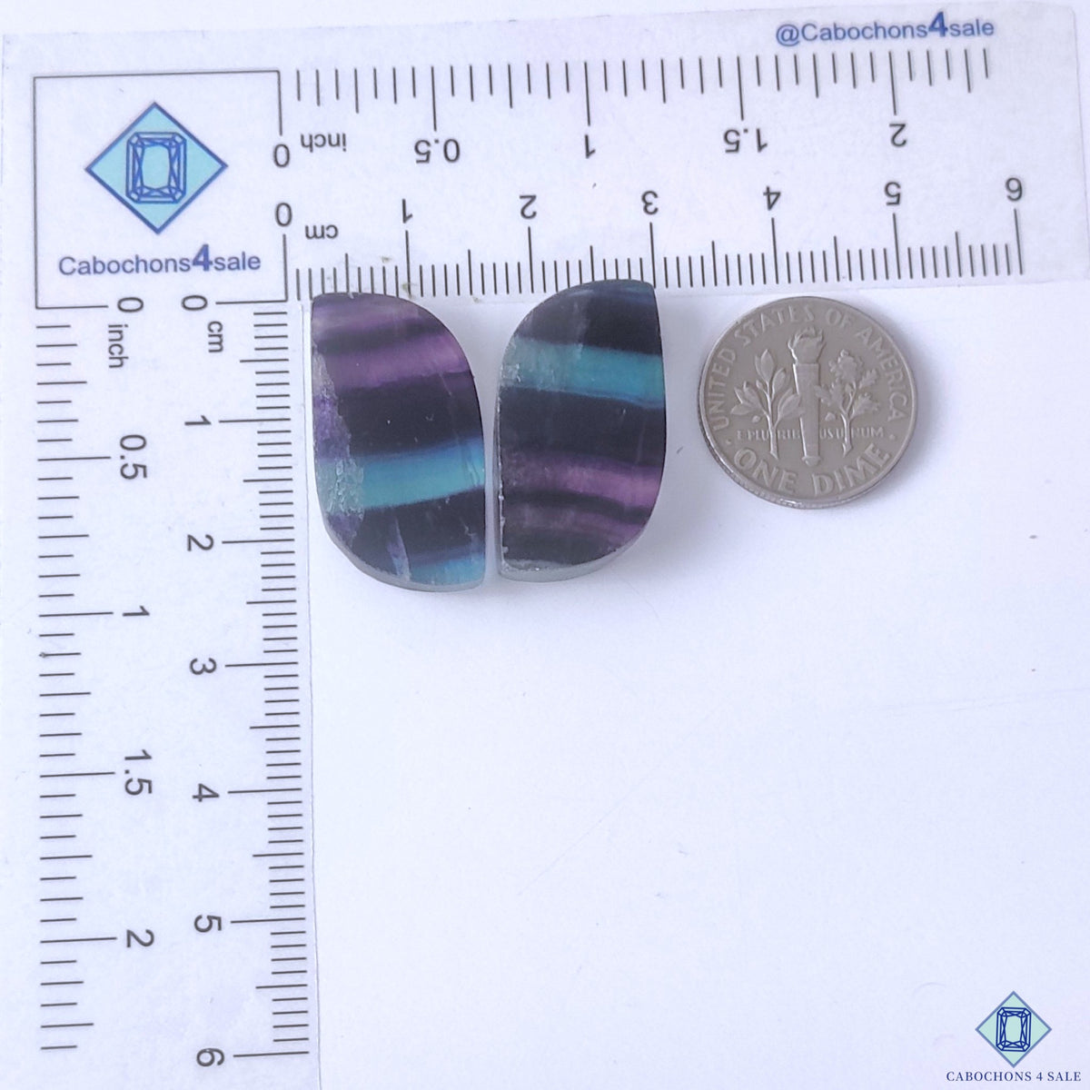 cabochons4sale, multicolor fluorite gemstone cabochons featuring beautiful color bands, translucent areas and distinctive natural crystal patterns held between fingers