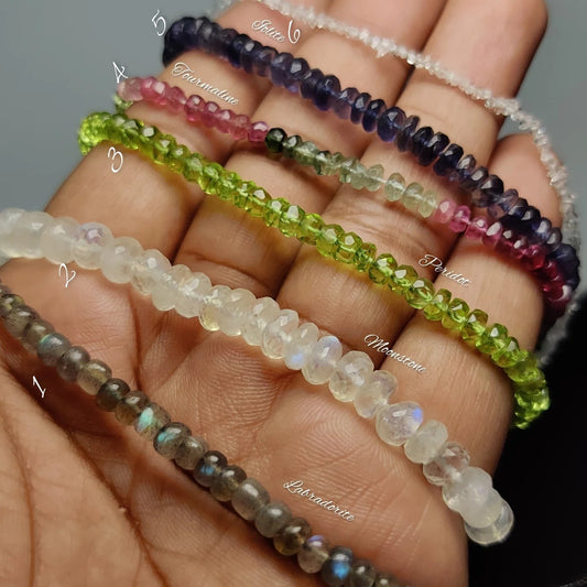 Cabochons4sale natural gemstone bead strands including labradorite, moonstone, peridot, tourmaline, iolite, and quartz.