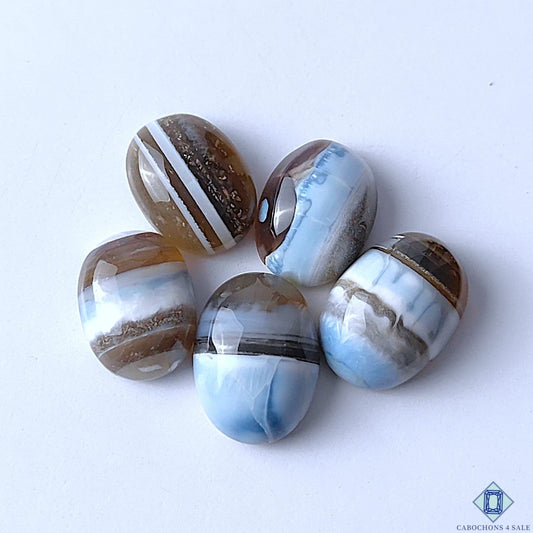 Cabochons4sale oval blue opal gemstones with natural brown and white striped patterns in a polished opaque finish