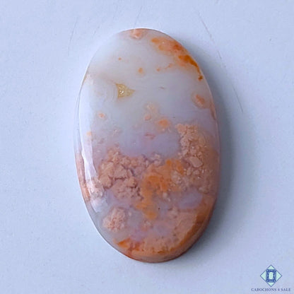 Cabochons4sale oval Cotton Candy Agate cabochon with opaque orange and white patterns, 31x18x5mm gemstone