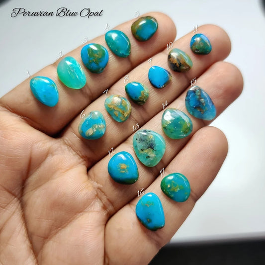 Cabochons4sale collection of natural Peruvian blue opal cabochons in various aqua, turquoise, and green-blue shades.