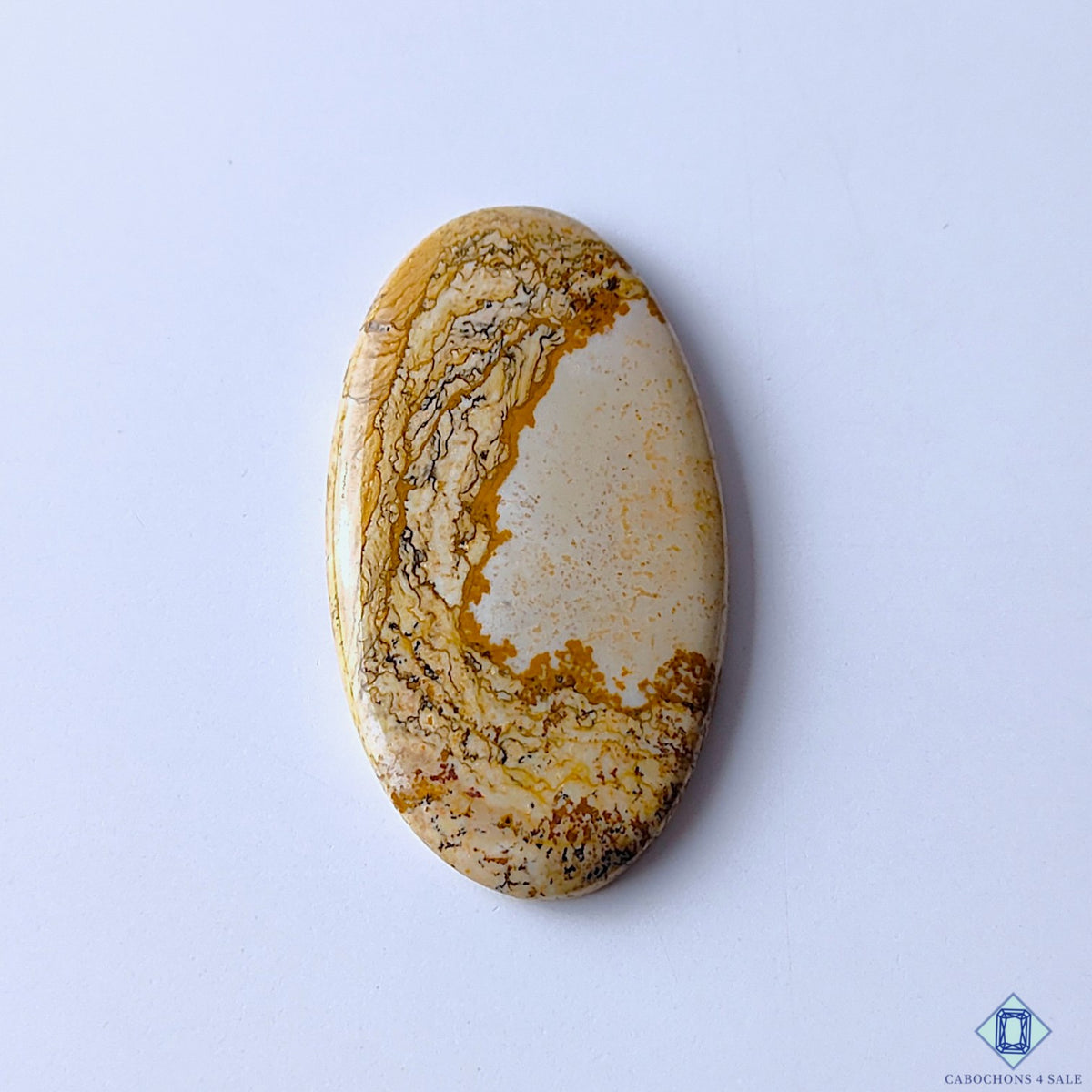 cabochons4sale, picture jasper oval cabochons in brown and yellow tones with scenic landscape patterns, earthy layers and polished gemstone surfaces held between fingers