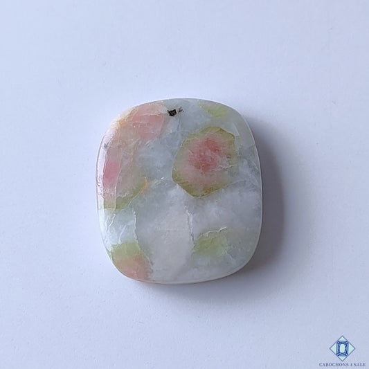 cabochons4sale, watermelon tourmaline quartz rectangle cabochons in green and pink shades with natural color zoning and polished gemstone surfaces held between fingers
