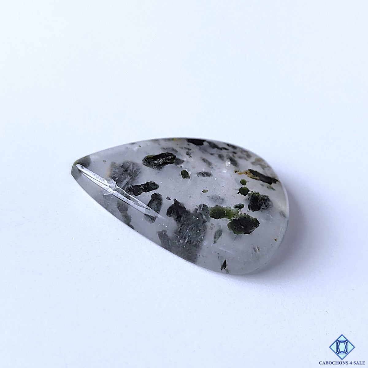 cabochons4sale, polished pear green tourmaline quartz cabochons showing contrasting green inclusions against white quartz, intricate mineral details and smooth stone surfaces held between fingers